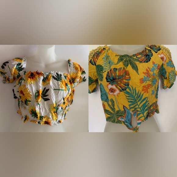 CYN By Cynthia Mehra Sunflower Hawaiian Crop Tops Set Of 2 Size S - Picture 1 of 8
